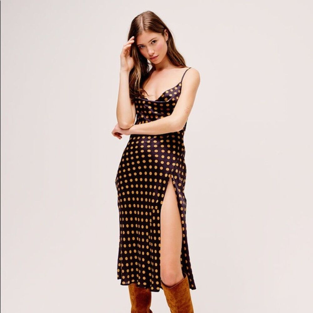 NWT For Love & Lemons Black Rust Polka Dot Open Back Slip Midi Dress XS
